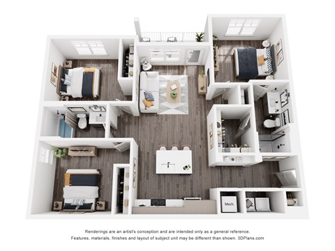 Floor plan for 3 beds, 2 baths, 1251 sqft